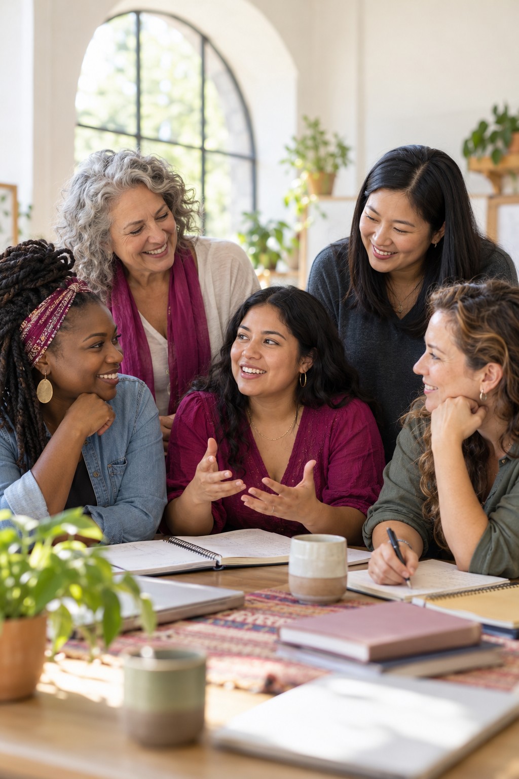 Illustrative image of multicultural women sharing ideas and learning together